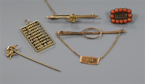A 14k abacus pendant, a Victorian coral set mourning brooch, a stick pin, bar brooch and clip.